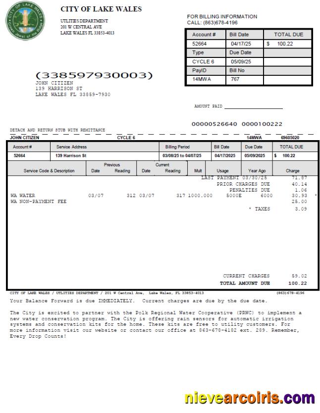 USA City of Lake Wales utility bill